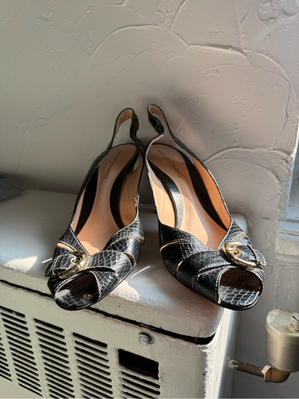 Y2K Black Snake-Effect Slingback Peep-Toe Heels with Buckle Details